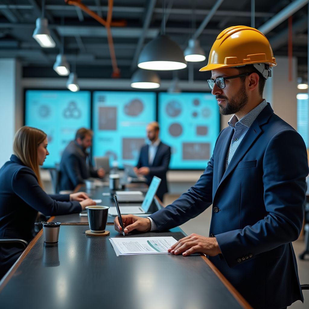 Team of consultants collaborating on manufacturing solutions